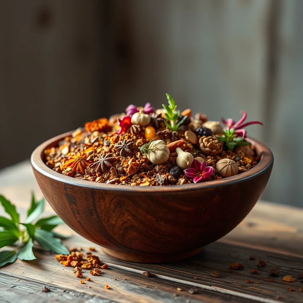 A close-up shot of a beautiful wooden bowl filled with a vibrant mix of spices, herbs, and dried flowers. The colors should be rich and warm, evoking the essence of Africa. The bowl should be set on a rustic wooden table with a soft, natural light illuminating the scene. The background should be blurred and out of focus, highlighting the beauty of the spices in the foreground.