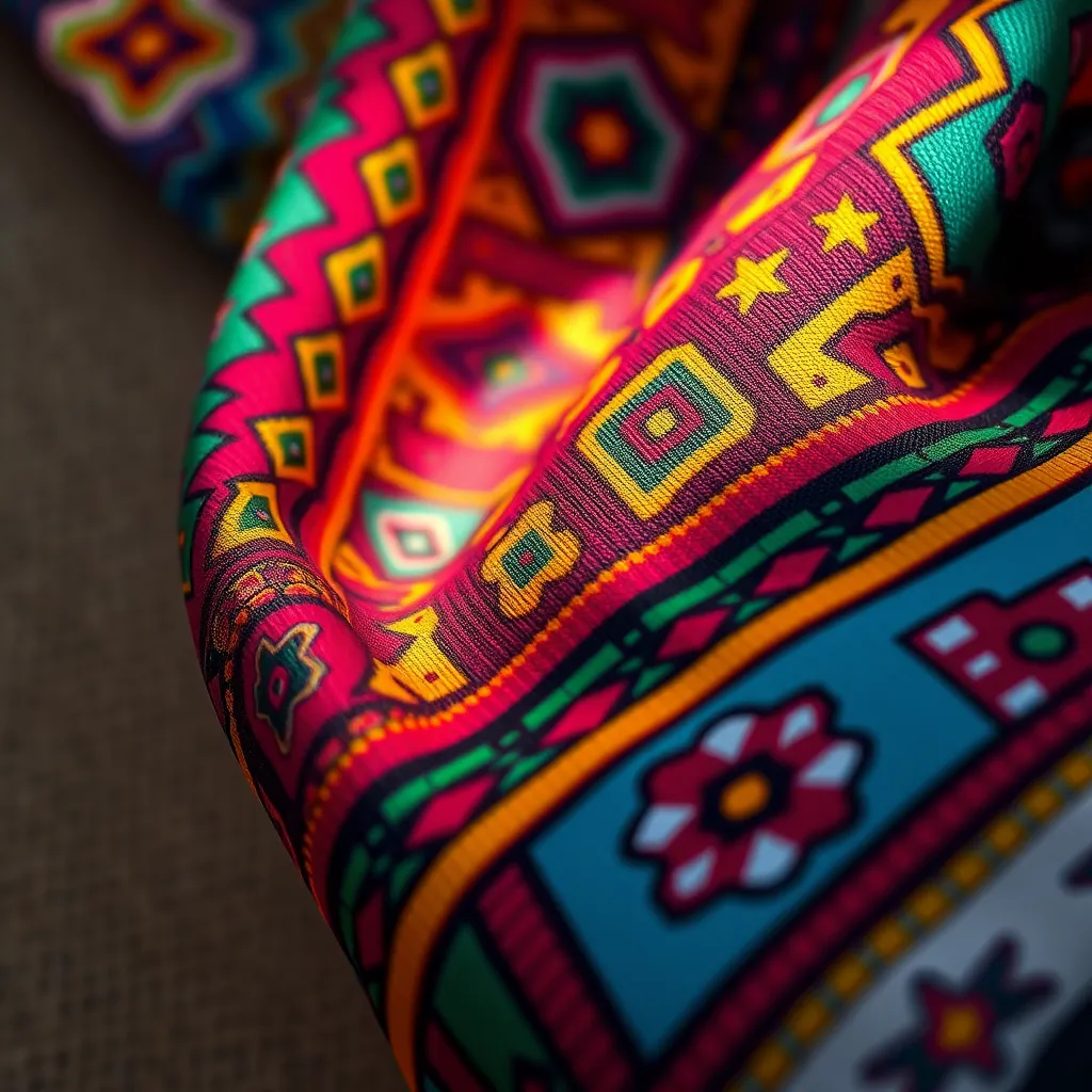A close-up shot of a colorful African Dubaï Puefum fabric with intricate geometric patterns. The fabric should be draped over a textured surface, with the light catching the vibrant colors and creating shadows. The background should be blurred to focus on the intricate details of the fabric.