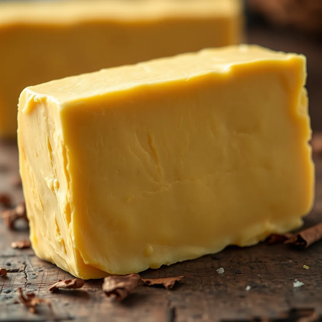 A close-up shot of a large block of raw shea butter, with a warm, golden-brown color. The surface should have a smooth, slightly waxy texture with visible swirls and striations. The lighting should be soft and natural, emphasizing the buttery texture. The shea butter should be placed on a rustic wooden surface, perhaps with some dried leaves or other natural elements scattered around. The background should be blurred, drawing focus to the shea butter. Style references:  'still life photography' by  'Cartier-Bresson' and 'photorealistic' art by  'Chuck Close'. Technical specifications:  '8K resolution', 'hyperrealistic', 'ultra-detailed'. 
