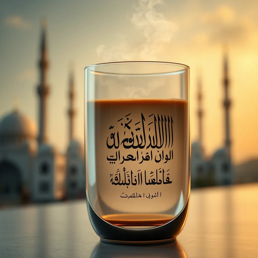 A close-up shot of a sleek, modern Islamic tumbler with an elegant engraving of a Quranic verse in Arabic calligraphy. The tumbler is filled with a warm beverage, creating a steamy ambiance. The background is a soft, blurred image of a mosque or a peaceful natural landscape.