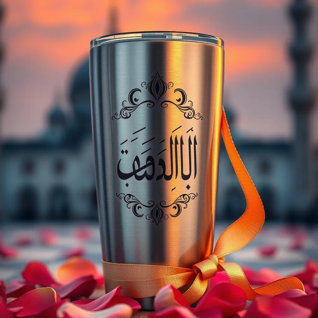 A close-up shot of a stainless steel tumbler with a laser-engraved Arabic calligraphy of a prayer, surrounded by a scattering of rose petals and a delicate, gold-colored ribbon tied around the tumbler. The background is a soft, blurred image of a mosque or a sunset.