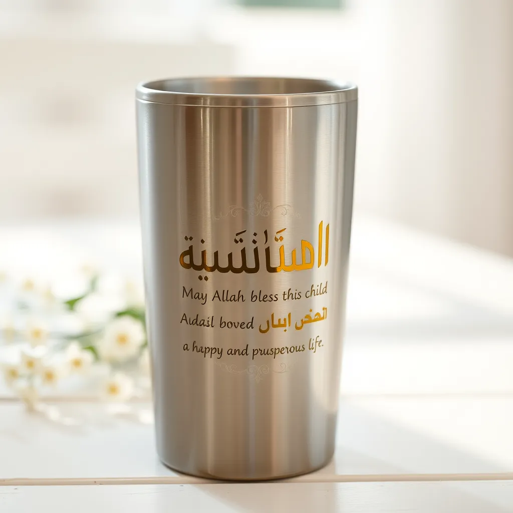 A close-up shot of a stainless steel tumbler with a delicate floral design and an Arabic inscription in gold lettering. The inscription reads 'May Allah bless this child with a happy and prosperous life'. The tumbler is placed on a white wooden table with a soft, natural light illuminating the scene.