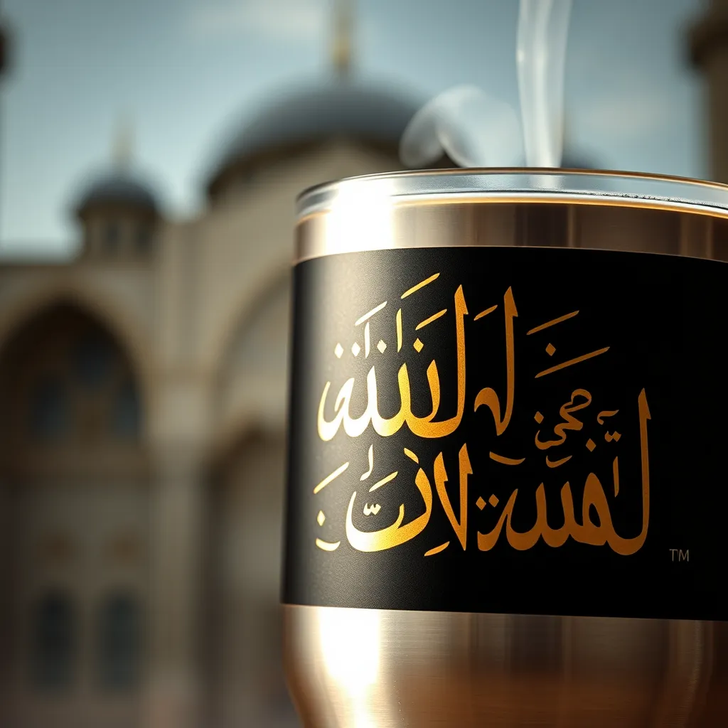 A close-up shot of a stainless steel tumbler with a laser-engraved Arabic calligraphy of a Quranic verse, the calligraphy in gold against a black background. The tumbler is partially filled with coffee, and steam is rising from the coffee. The background is a soft, blurred image of a mosque.