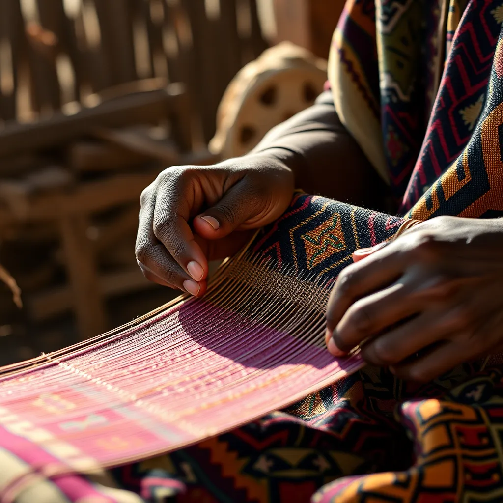 A close-up shot of a weaver's hands deftly weaving a Dubaï Puefum cloth. The cloth should feature intricate geometric patterns and vibrant colors, showcasing the complexity of the weaving process. The background should be a traditional African setting, with natural light illuminating the scene.
