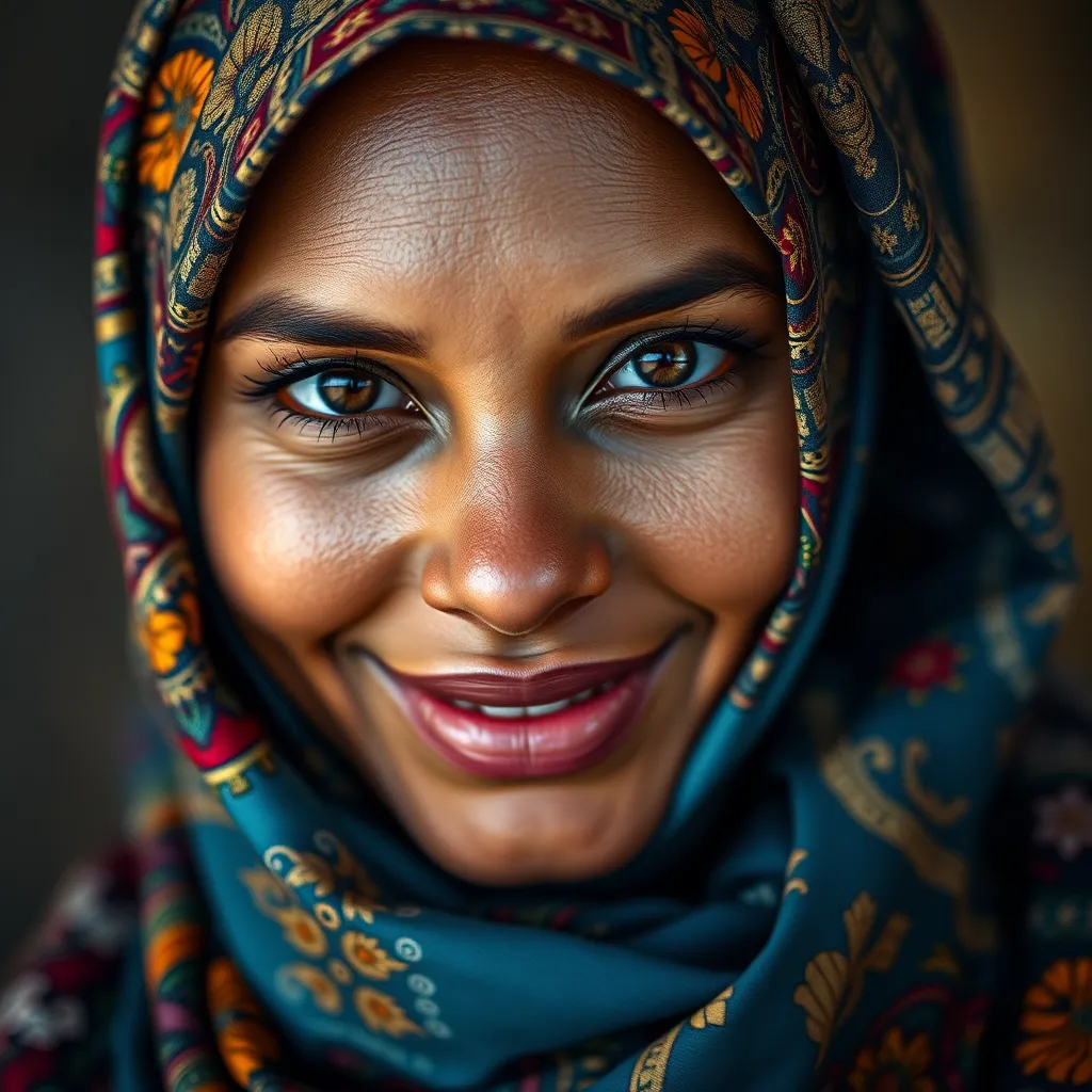 A close-up shot of a woman's face, adorned with a beautifully patterned hijab, showcasing intricate details and vibrant colors. The fabric flows gracefully around her head, creating a sense of elegance and artistry. The woman's eyes are filled with joy and pride as she embraces her personal style.