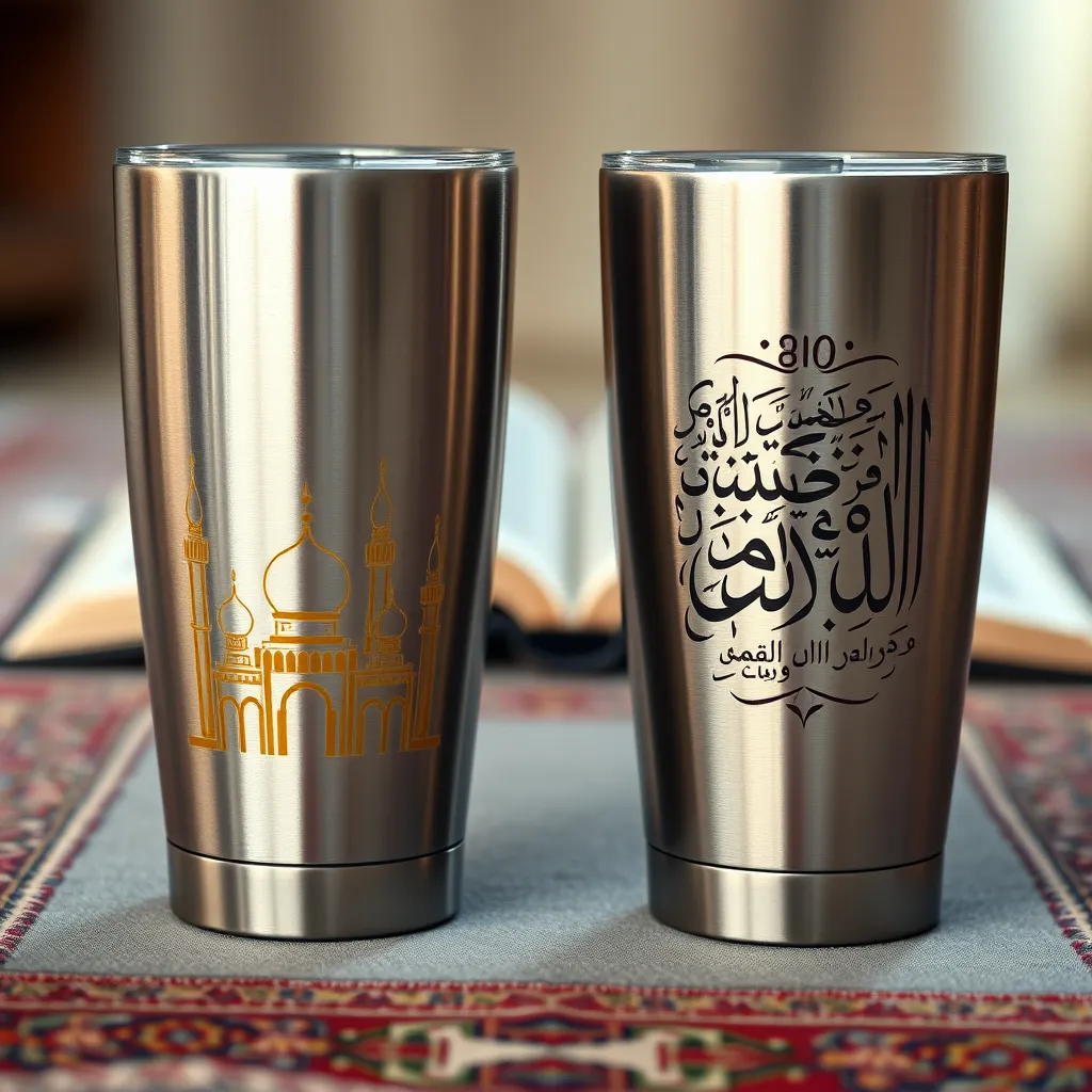 A close-up shot of two stainless steel tumblers side-by-side. One tumbler has a delicate gold-colored design of a mosque, and the other has a calligraphy of a verse from the Quran. The background is a soft, blurred image of a prayer rug with an open Quran.