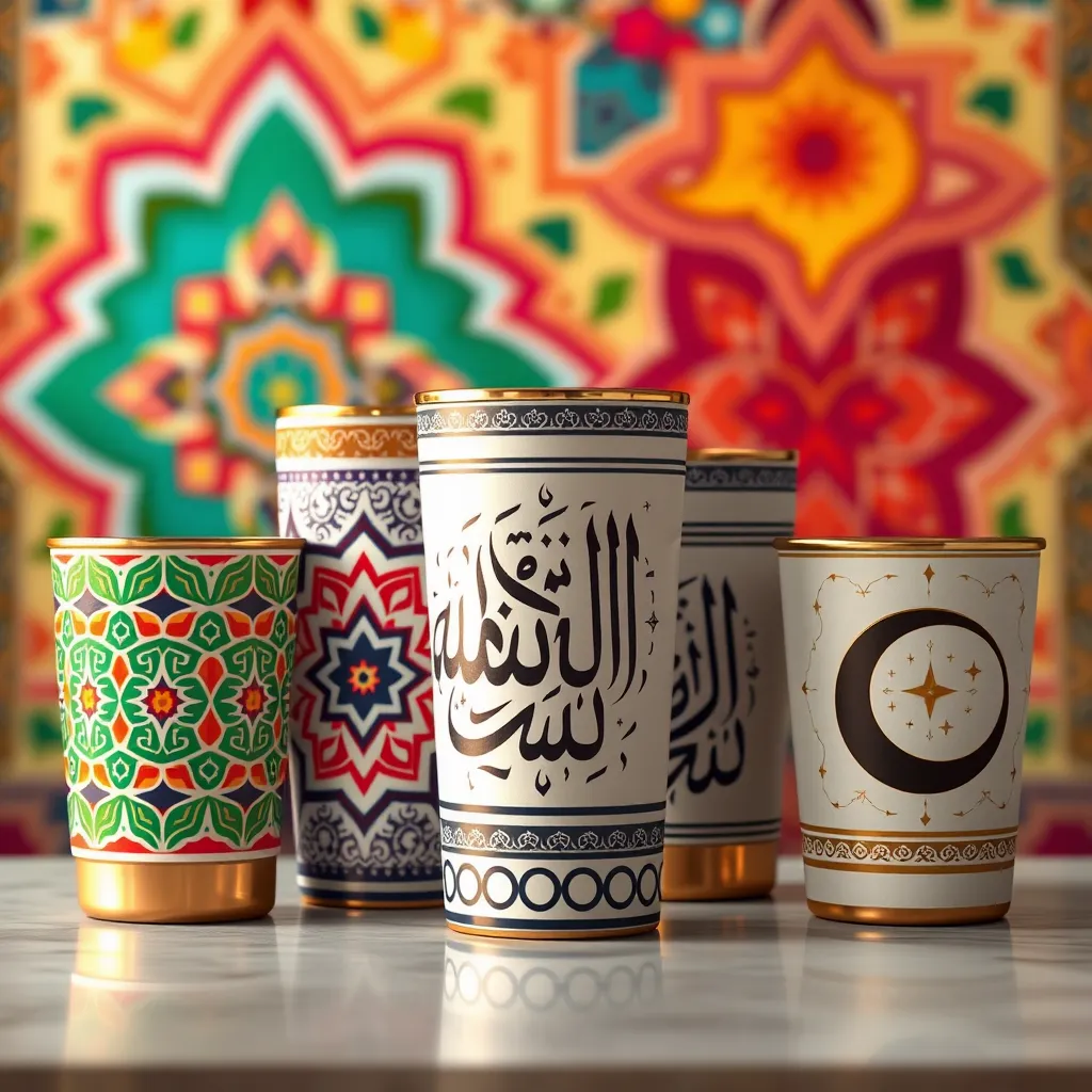 A collection of Islamic tumblers with various designs. One features intricate geometric patterns in vibrant colors, another displays a calligraphic inscription of 'Allah' in a bold font, and a third showcases a subtle crescent moon and star motif. The tumblers are arranged on a table against a backdrop of a colorful, abstract Islamic art pattern.