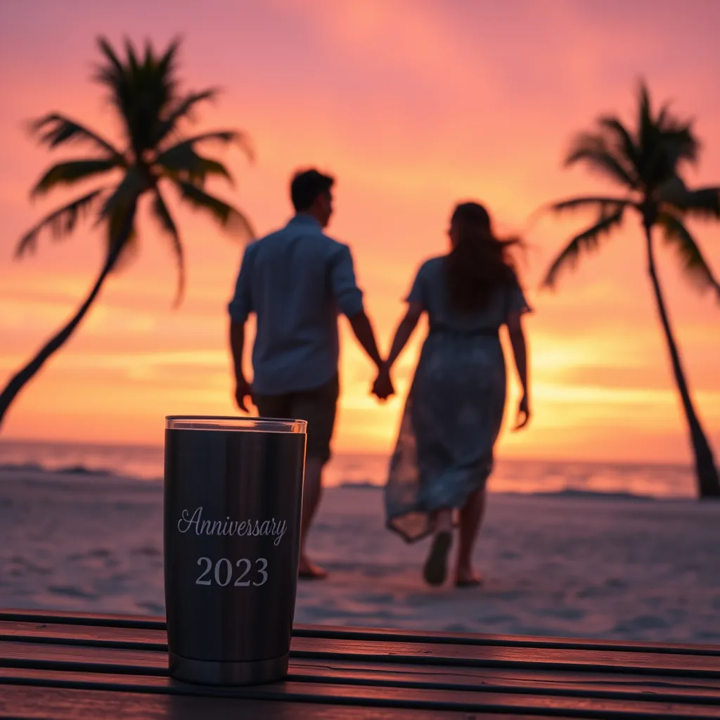 A couple holding hands and walking along a beach at sunset. In the foreground, a personalized tumbler with their anniversary date engraved on it, sitting on a wooden bench. The sky is a gradient of orange and pink, with palm trees silhouetted against it.