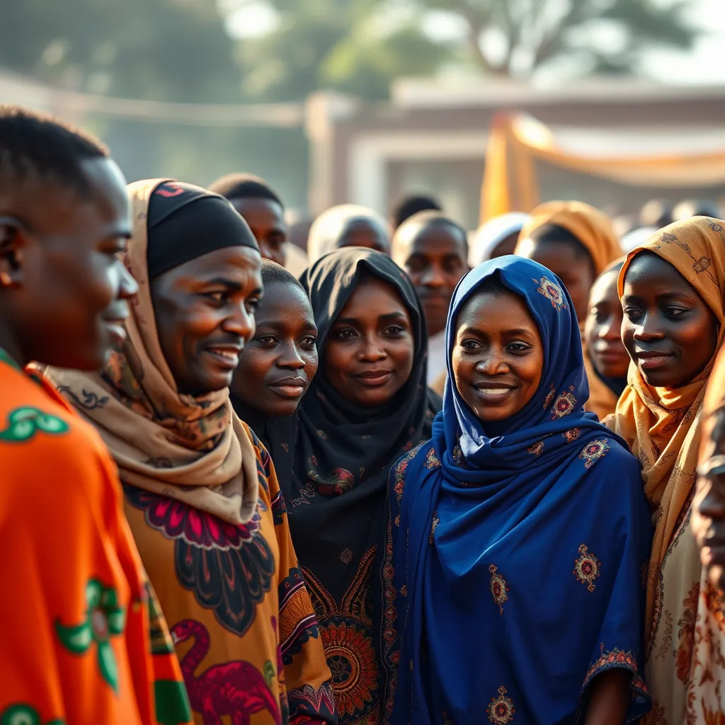 A diverse group of African people, both Muslim and non-Muslim, are gathering together for a community event. The image should capture the beauty of cultural exchange, collaboration, and the shared spirit of humanity, with vibrant clothing and cultural expressions.