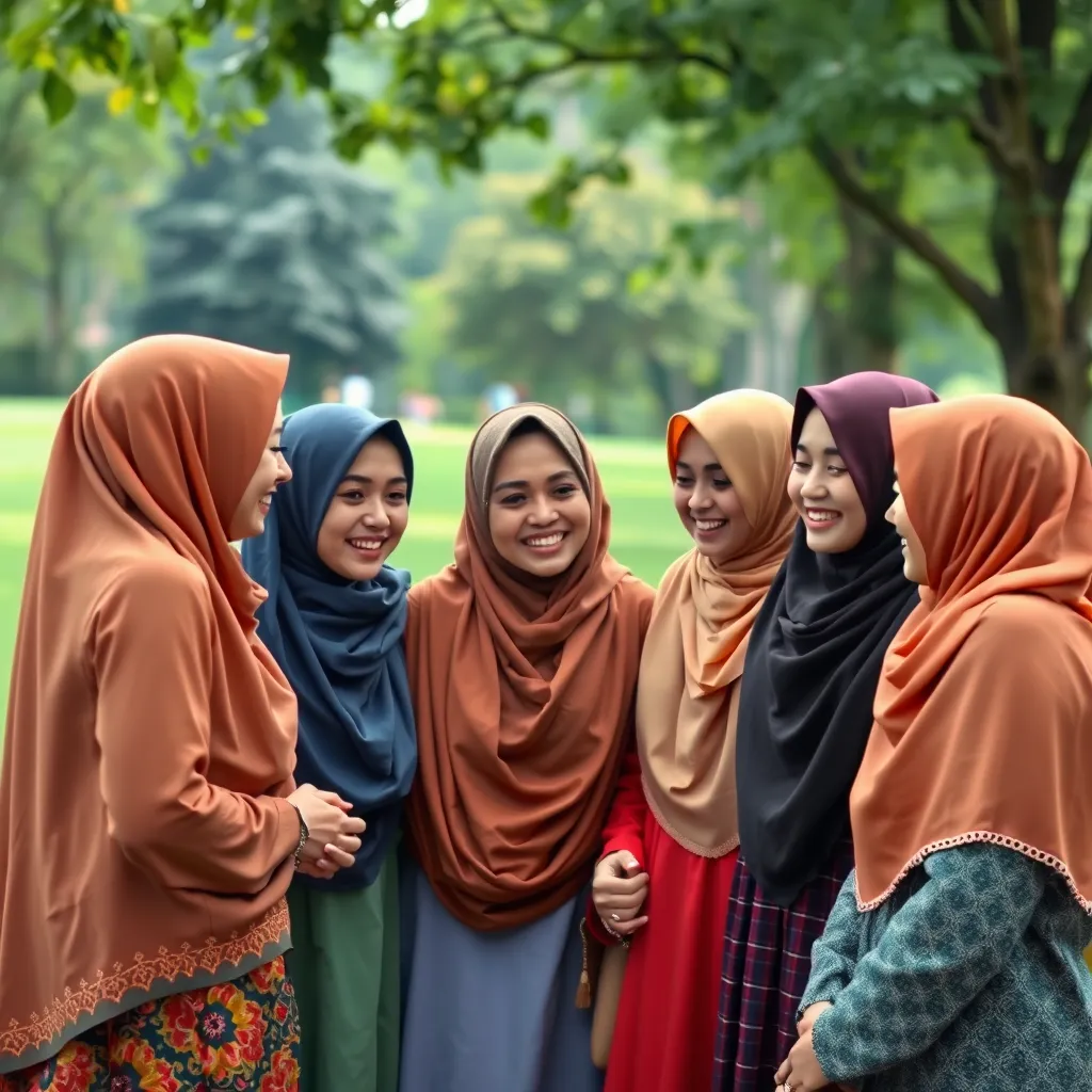 A group of diverse Muslim women, each wearing a unique and beautiful hijab, gather together in a park. They are engaged in conversation, laughter, and sharing moments of connection. The image radiates warmth, joy, and a strong sense of sisterhood. The setting is a peaceful and natural environment, symbolizing the beauty and strength of unity.