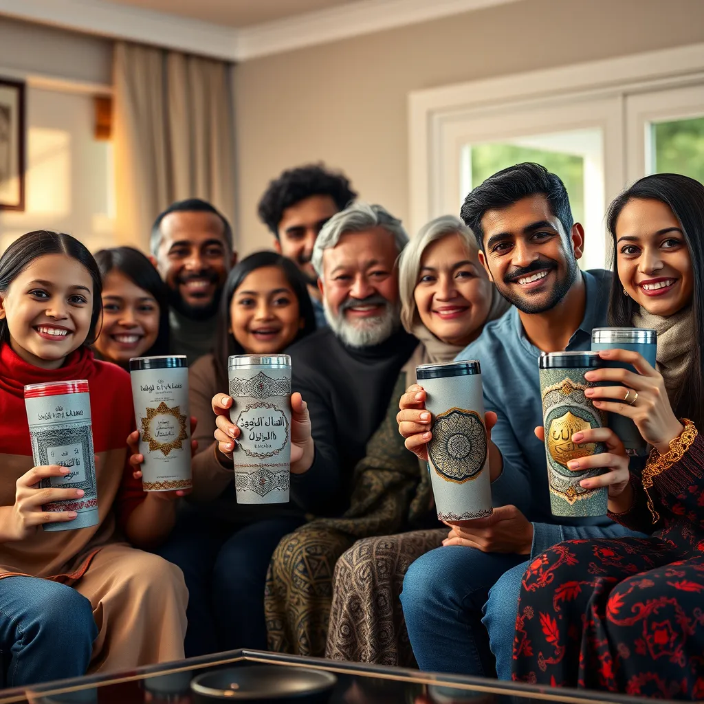 A group of diverse people, young and old, are gathered together, smiling and holding personalized Islamic tumblers. The tumblers feature different designs, including Quranic verses, Islamic symbols, and geometric patterns. The scene is set in a warm and inviting living room, with soft lighting and cozy furniture.