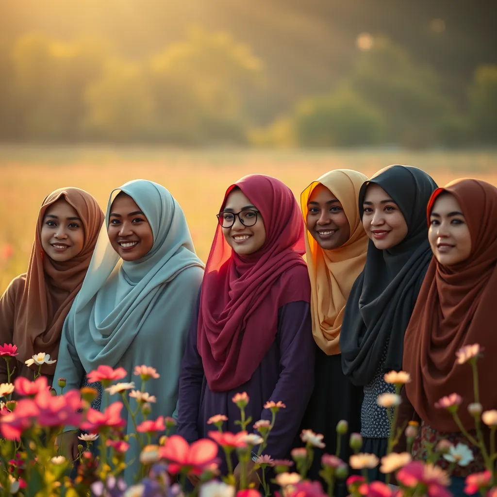 A group of diverse women, each wearing a hijab in a different color and style, stand together in a field of blooming flowers. The sunlight bathes them in a warm glow, highlighting the beauty of their individual expressions and shared heritage.