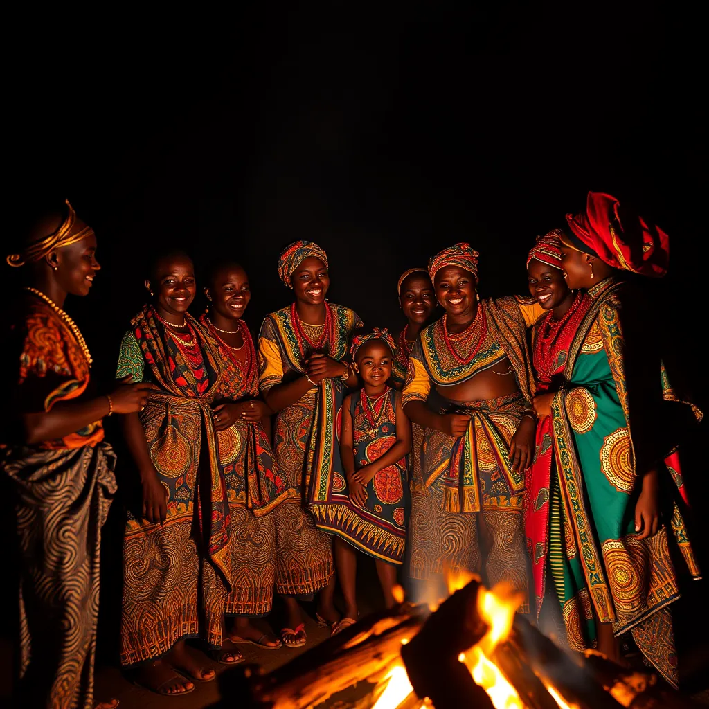 A group of people, dressed in vibrant African clothing adorned with Dubaï Puefum fabric, gathered around a bonfire at night. The scene should evoke a celebratory atmosphere, with music, dance, and laughter. The firelight should illuminate the faces of the people and the intricate patterns of the fabric.
