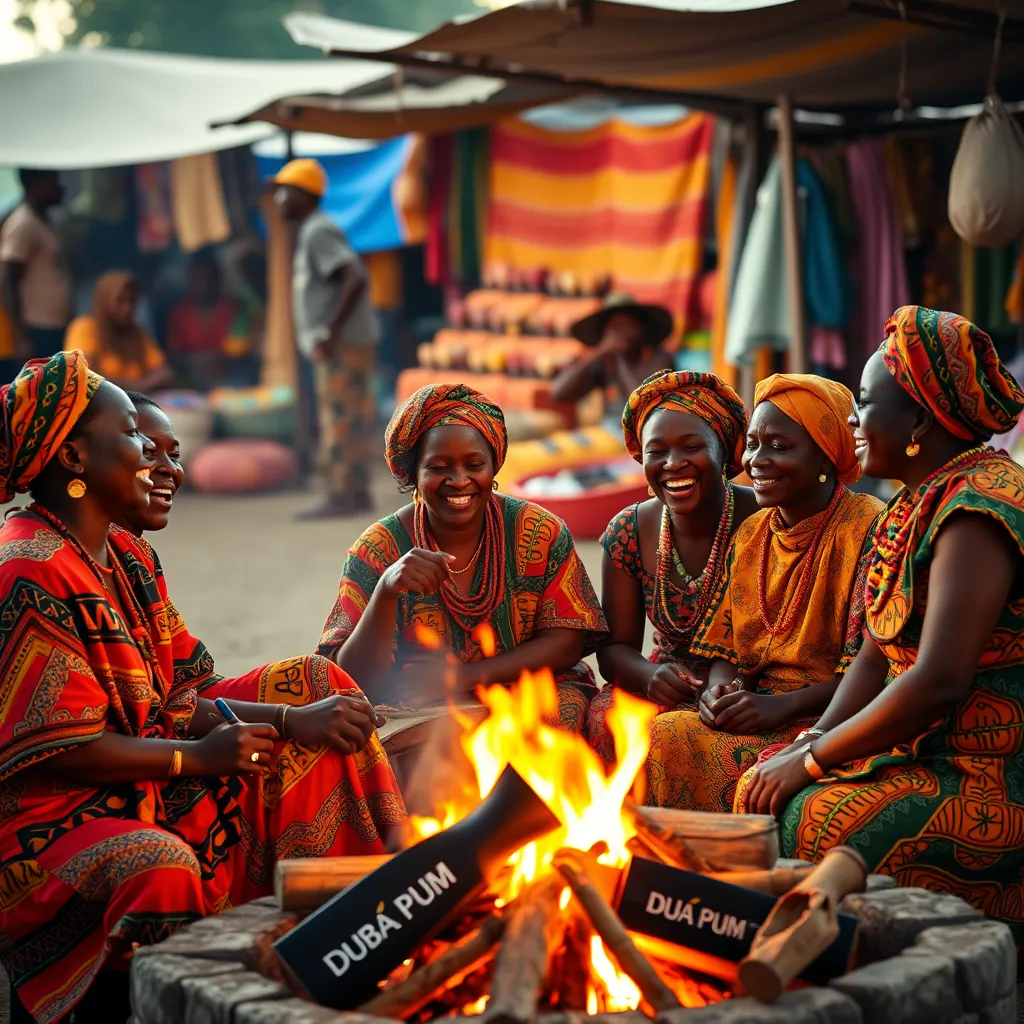 A group of people, wearing vibrant African clothing, laughing and sharing stories around a bonfire. The fire should be glowing brightly, casting warm light on the group. In the background, a bustling market scene with vendors selling colorful fabrics, spices, and traditional crafts should be visible. The atmosphere should be joyous and celebratory, showcasing the cultural significance of African Dubaï Puefum.