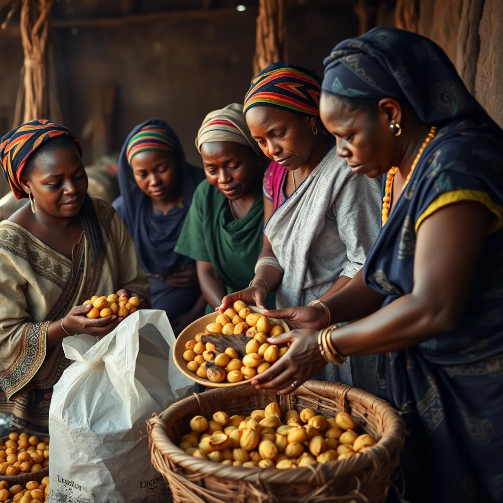 A group of women in traditional African clothing working together to process shea nuts. The scene should depict the process of cracking the nuts, roasting the kernels, and pounding them to extract the butter. The image should showcase the craftsmanship and tradition involved in shea butter production.