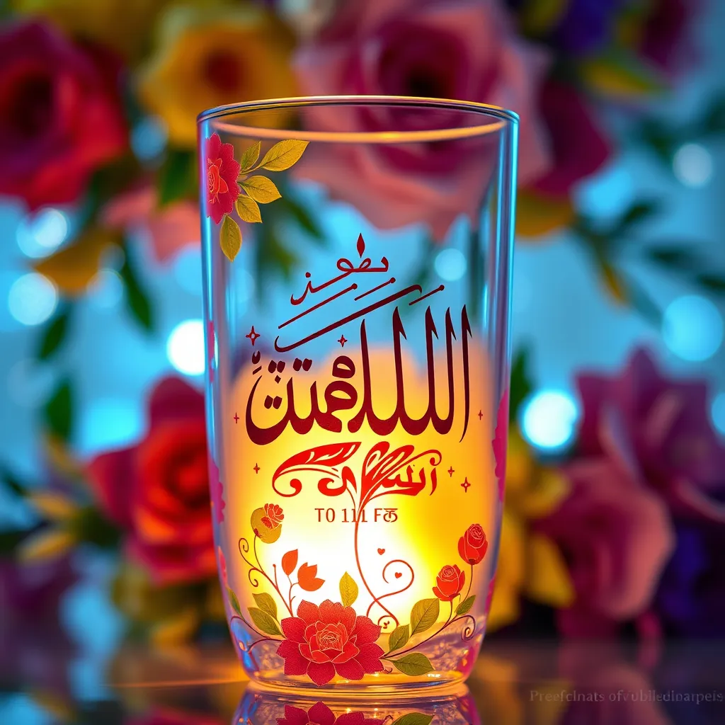 A high-quality image of a colorful glass tumbler with a floral design featuring a couple's names intertwined with an intricate Arabic calligraphy pattern. The background should be a vibrant floral arrangement with a bokeh effect, adding a celebratory feel.