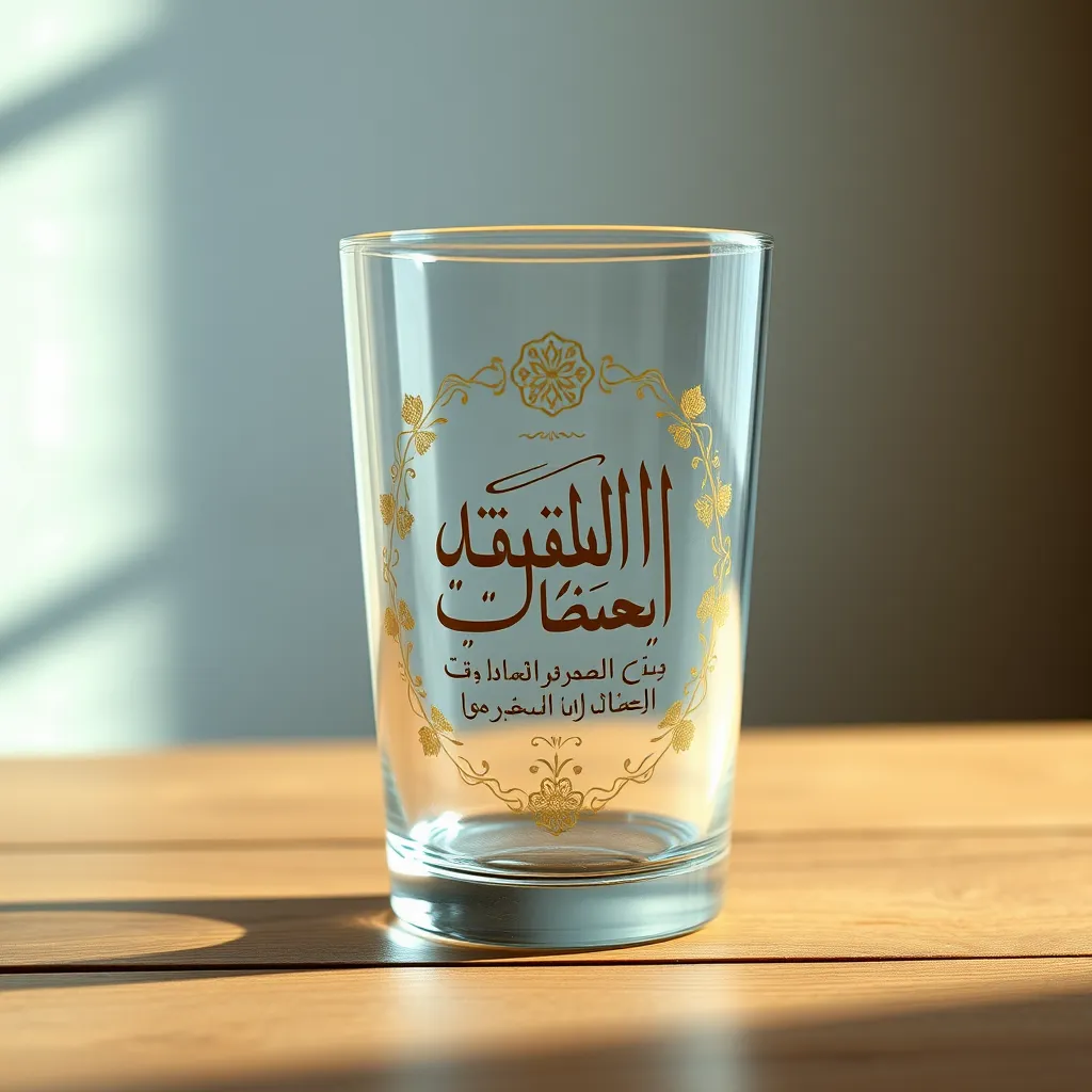 A high-resolution image of a classic glass tumbler with a delicate, hand-painted design. The design should feature a beautifully rendered Islamic quote in Arabic script, surrounded by intricate floral motifs and a subtle gradient background. The color palette should be calming and serene, with soft blues, greens, and golds. The tumbler should be placed on a wooden table with a soft, diffused lighting effect to create a warm and inviting atmosphere. The background should be a simple, textured wall with a touch of natural light peeking in from a window. The overall image should evoke a sense of peace, reflection, and spirituality, highlighting the beauty of Islamic calligraphy and traditional design.