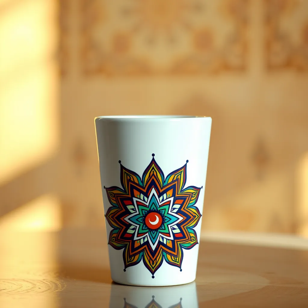A hyperrealistic image of a white ceramic tumbler with a vibrant and intricate design inspired by Islamic geometric patterns. The design should feature a combination of colorful geometric shapes, intricate details, and a central motif like a star and crescent moon. The tumbler should be photographed in a soft, natural light setting, highlighting the vibrant colors and intricate details of the design. The background should be a subtle blur of warm, inviting colors like beige, terracotta, and light brown, creating a sense of serenity and spirituality. The image should be captured from a slightly angled perspective to showcase the intricate details of the design and texture of the ceramic material.