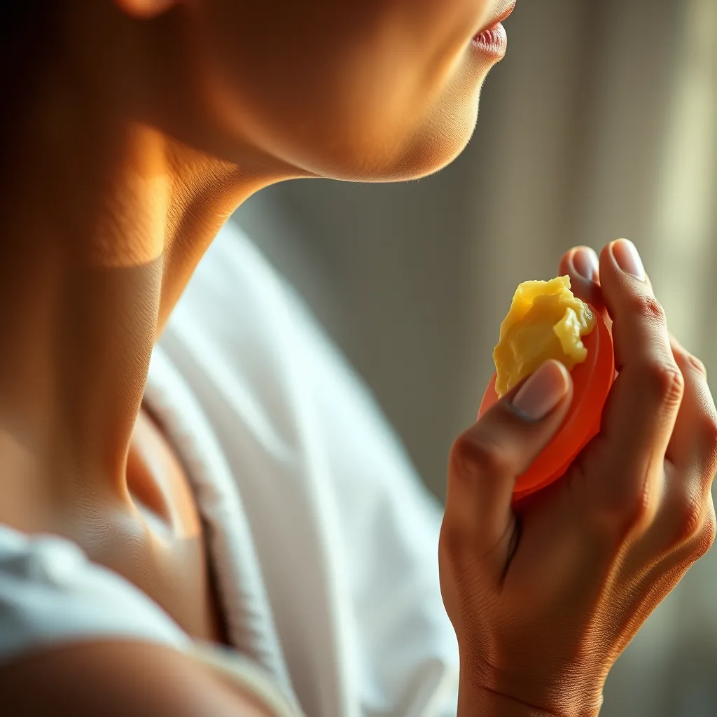 A photo of a woman applying shea butter to her skin, showcasing its rich, creamy texture. The image should depict a sense of well-being and relaxation.