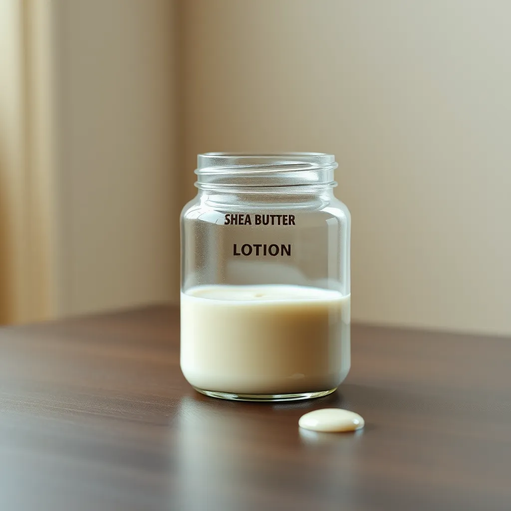 A photograph of a glass jar of shea butter lotion with a creamy white texture. The jar should be half-filled with lotion, and a few drops of lotion should be placed on a smooth, dark wooden table. The lighting should be soft and diffused, creating a subtle glow around the lotion. The background should be a minimalistic, contemporary setting with neutral colors, emphasizing the natural beauty of the lotion. Style references:  'minimalist product photography' and 'lifestyle photography' by  'Marie Claire'. Technical specifications:  '8K resolution', 'hyperrealistic', 'ultra-detailed'. 