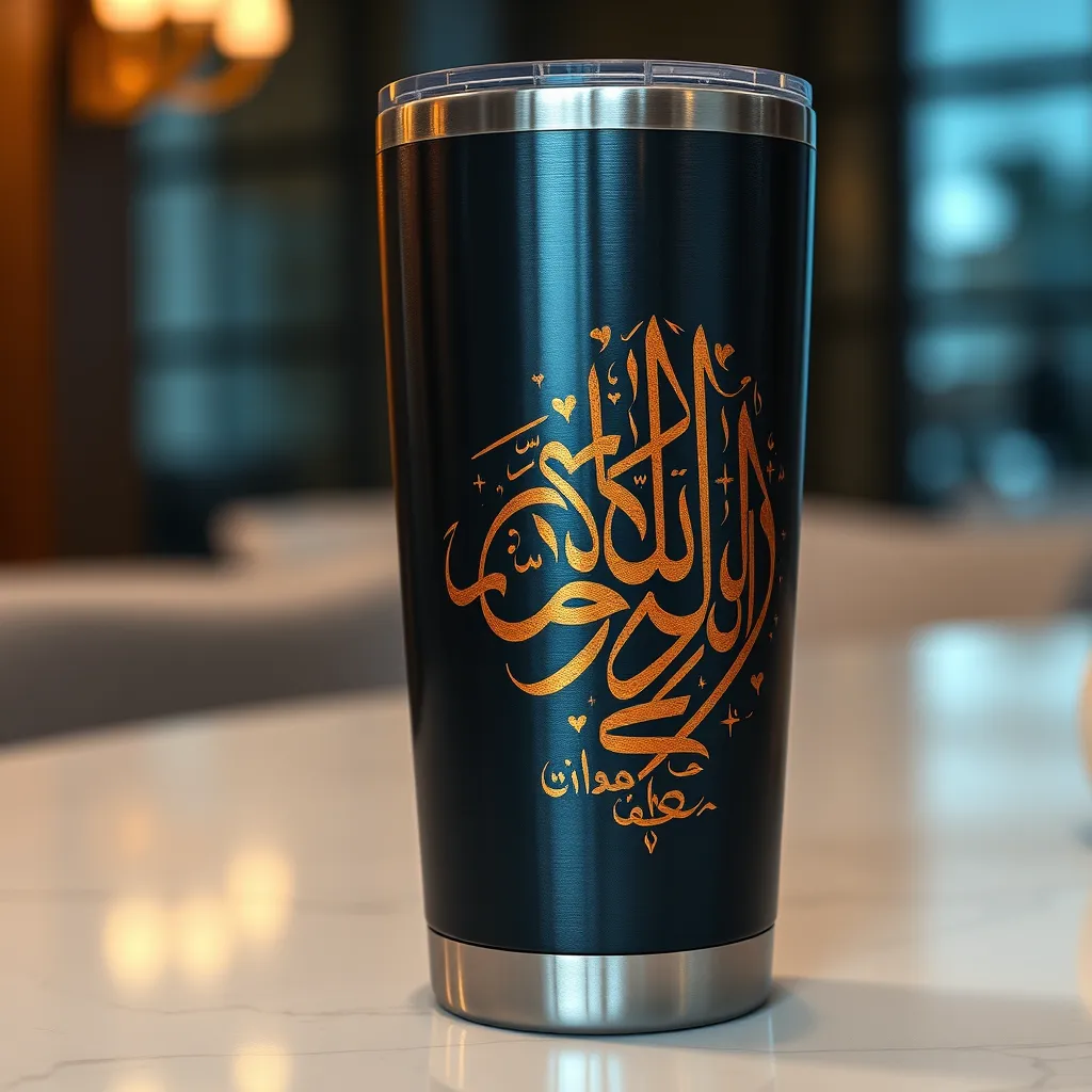 A photorealistic, ultra-high quality image of a stainless steel tumbler with an elegant, custom engraved design featuring intricate Arabic calligraphy inspired by traditional Islamic art. The calligraphy should be in a warm, earthy color palette of gold, copper, and brown on a black or deep blue background. The tumbler should be positioned at a slightly angled view, showcasing the engraving. It should be placed on a clean, modern table surface with a soft diffused lighting effect. Include delicate details such as subtle reflections on the metal surface and a slight blur in the background to create depth and a sense of luxury. The overall aesthetic should be minimalist and refined, with a focus on the beauty of the engraved calligraphy.