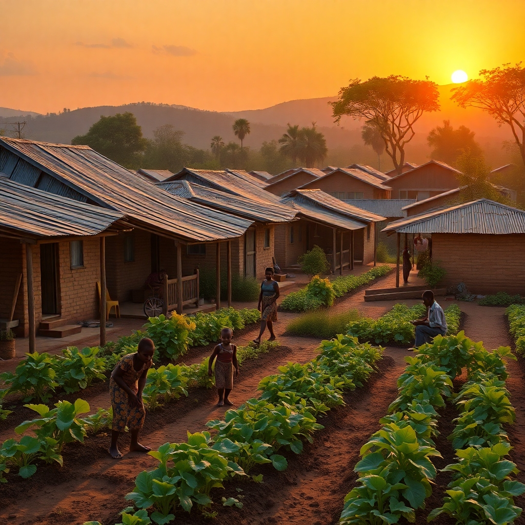 A photorealistic image depicting a vibrant African village with newly built homes and a community garden thriving, showcasing happy families working together. The sun is setting, casting a warm golden light.  High resolution, detailed textures, cinematic lighting