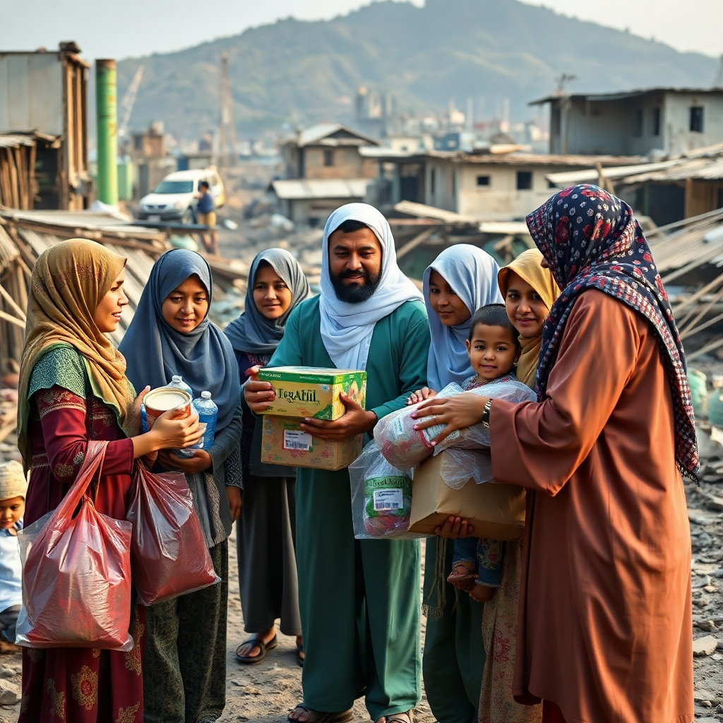 A photorealistic image depicting a post-disaster relief effort. Show a team of Saddaqatu Jaria volunteers working collaboratively to distribute essential supplies, such as food, water, and medical aid, to grateful families in a disaster-stricken area. The image should include a mix of ages and ethnicities, emphasizing compassion and cooperation. The setting should show the devastation caused by the disaster, but with a focus on the hopeful act of rebuilding and recovery.