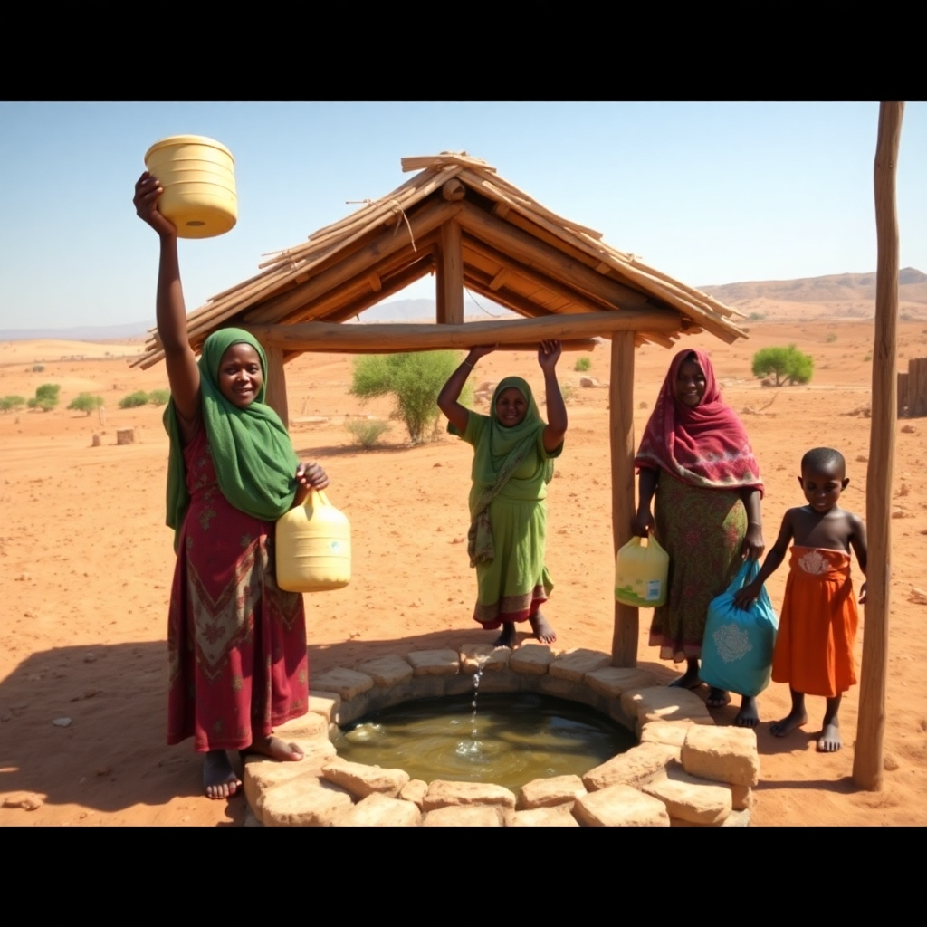 A photorealistic image depicting a vibrant village community in a rural, arid landscape.  The focal point is a newly constructed well, with people, predominantly women and children, joyfully collecting clean water in various containers.  The background shows a sun-drenched landscape, with a hint of greenery.  The image must convey a sense of relief, gratitude, and improved living conditions.