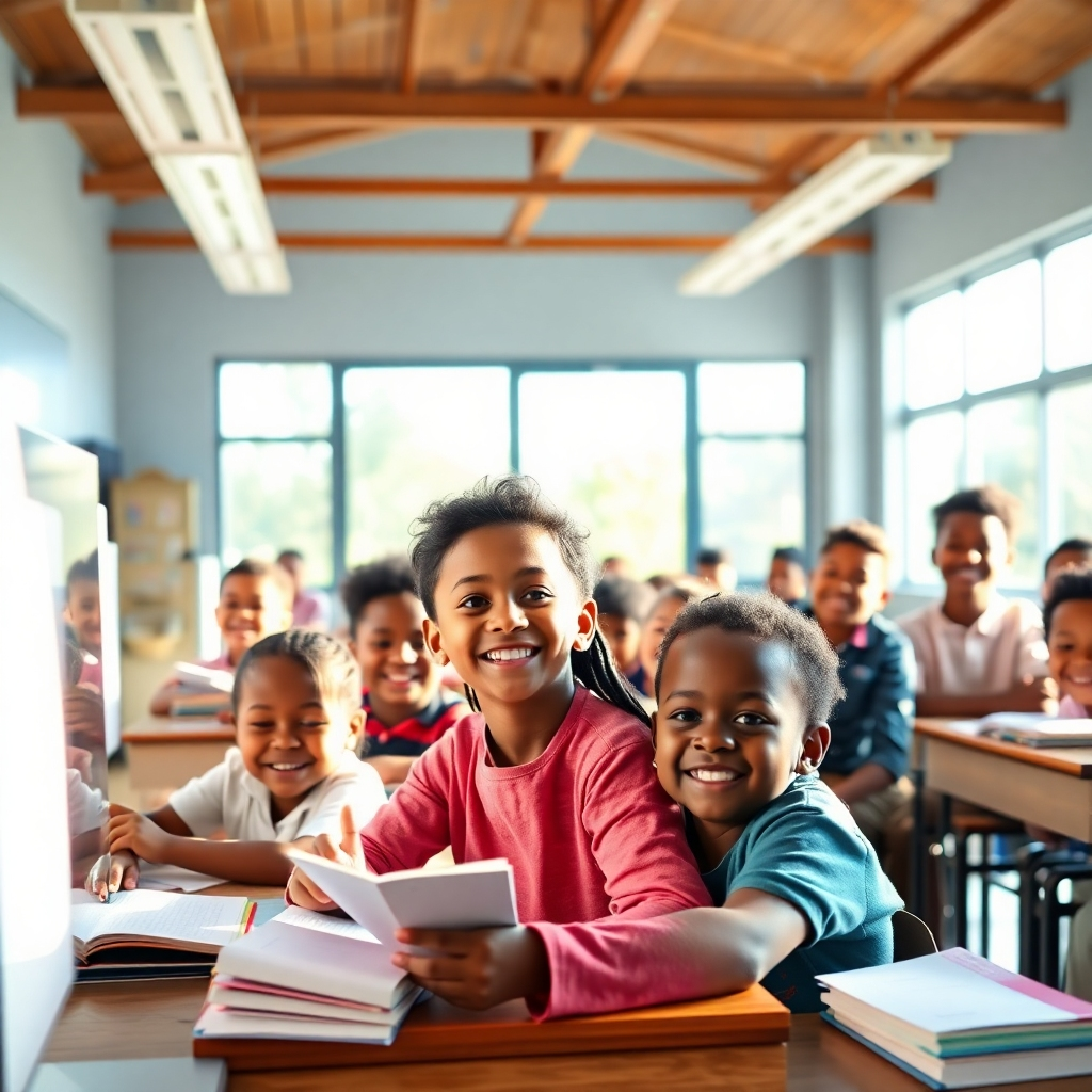 A photorealistic image depicting a bright, modern classroom in a developing country, filled with smiling children of diverse ethnicities actively engaged in learning.  Natural light streams in through large windows. The classroom should be well-equipped with learning materials like books, computers, and interactive whiteboards.  Focus on the joy and eagerness of learning on the children's faces. The overall feel should be vibrant and hopeful.