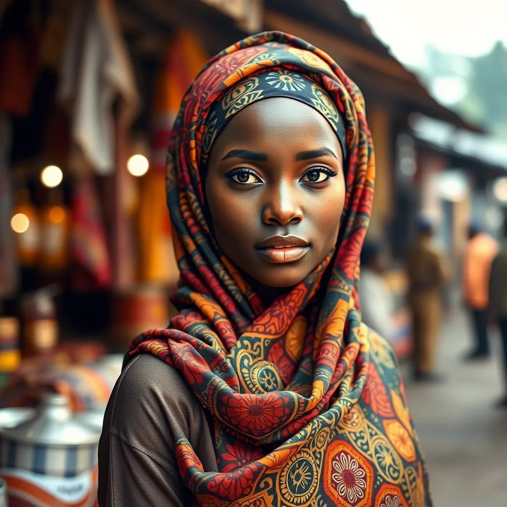 A photorealistic image of a beautiful African woman wearing a vibrant, intricately patterned hijab, standing against a backdrop of a bustling African marketplace. The woman should exude confidence and grace, with her hijab flowing elegantly around her.  The image should be captured in soft, diffused lighting, emphasizing the textures and colors of the hijab and the woman's attire. The camera angle should be slightly elevated, showcasing the woman's full figure. The image should evoke a sense of empowerment and cultural pride, reflecting the vibrant spirit of African fashion and the beauty of Islamic tradition. Style reference: Annie Leibovitz. Technical specifications: 8K resolution, ultra-detailed, hyperrealistic.