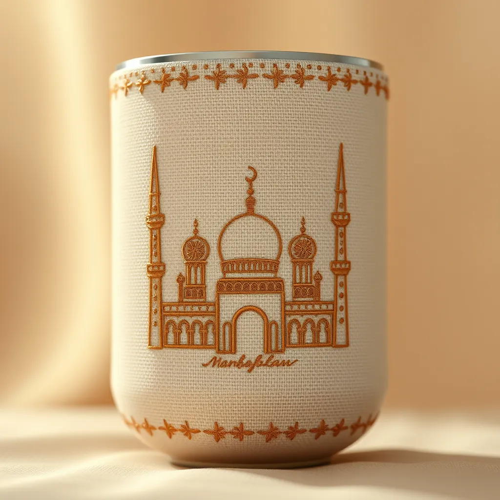 A photorealistic image of a beige canvas tumbler with intricate embroidery depicting a stylized mosque silhouette with a delicate floral pattern. The embroidery is done in gold thread, highlighting the details of the design. The background is a soft, warm color, creating a gentle and luxurious feel.