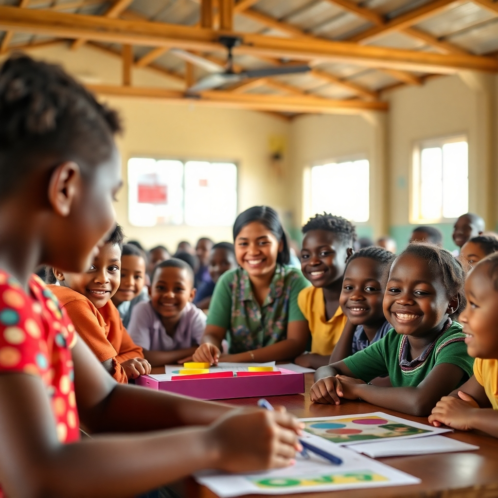 A photorealistic image of a bright and airy classroom in a developing country, filled with smiling children actively participating in a lesson. Show a teacher interacting positively with the students, using colorful learning materials. High resolution, warm lighting