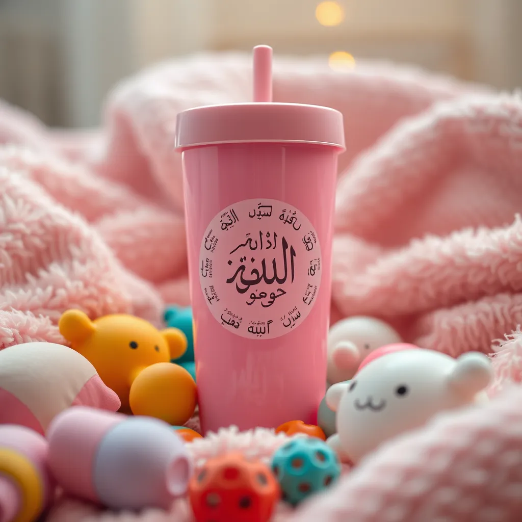 A photorealistic image of a pink baby tumbler with a circular design featuring the Islamic calendar's months in Arabic script. The tumbler is surrounded by colorful baby toys and a soft, fuzzy blanket, creating a playful and celebratory atmosphere.