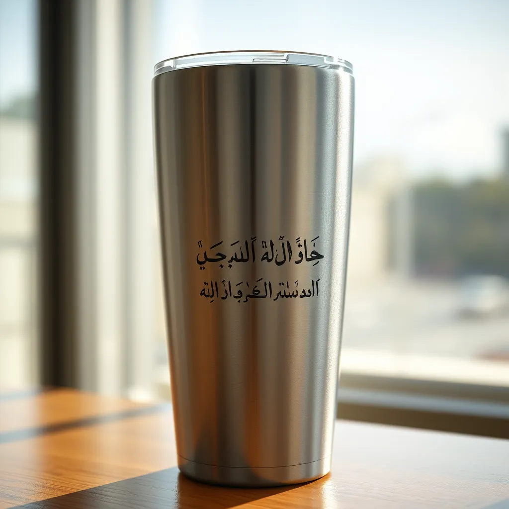 A photorealistic image of a stainless steel tumbler with a matte finish, featuring a subtle laser engraving of an Islamic verse in Arabic script. The background should depict a contemporary setting with soft sunlight streaming through a window, highlighting the engraved verse.