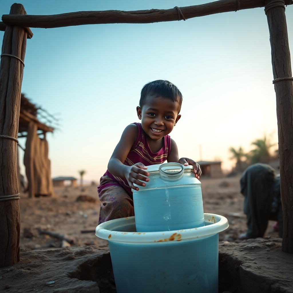 A photorealistic image of a village in a drought-stricken area, before and after the installation of a new well. Show happy children collecting clean water in a clean container. High resolution, sharp focus, natural lighting
