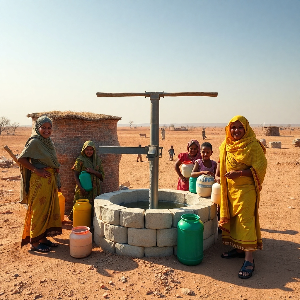 A photorealistic image of a village in a dry, arid region.  A newly constructed well stands prominently, with villagers, predominantly women and children, joyfully collecting clean water in various containers. The image should showcase a sense of relief and improved living conditions. The background should depict the dry landscape, contrasting with the vibrant life around the water source.  Focus on the positive emotions of the villagers.