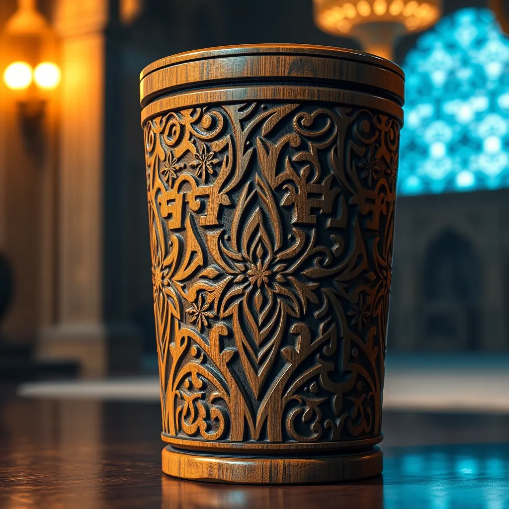 A photorealistic image of a wooden tumbler with intricate carvings of Islamic geometric patterns. The carvings are detailed and precise, with a warm wood finish. The background shows a traditional Islamic setting, with a dim light creating a warm ambiance.
