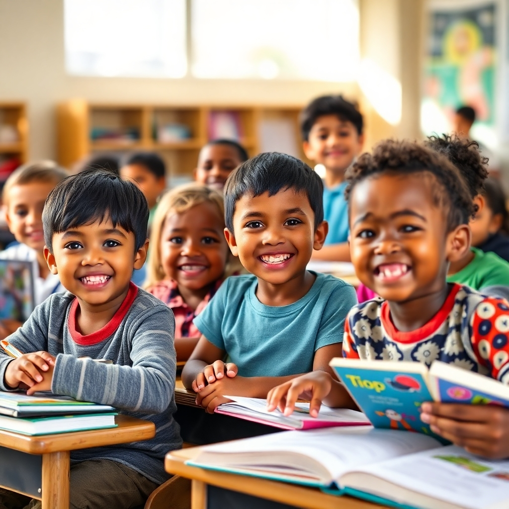 A photorealistic image of happy children, diverse in ethnicity, sitting in a brightly lit, well-equipped classroom, actively engaged in learning.  The classroom should be modern and inviting, with books and learning materials visible.  The background should suggest a developing country setting, but the focus should be on the children's joyful learning experience. The image should evoke hope and positive change.