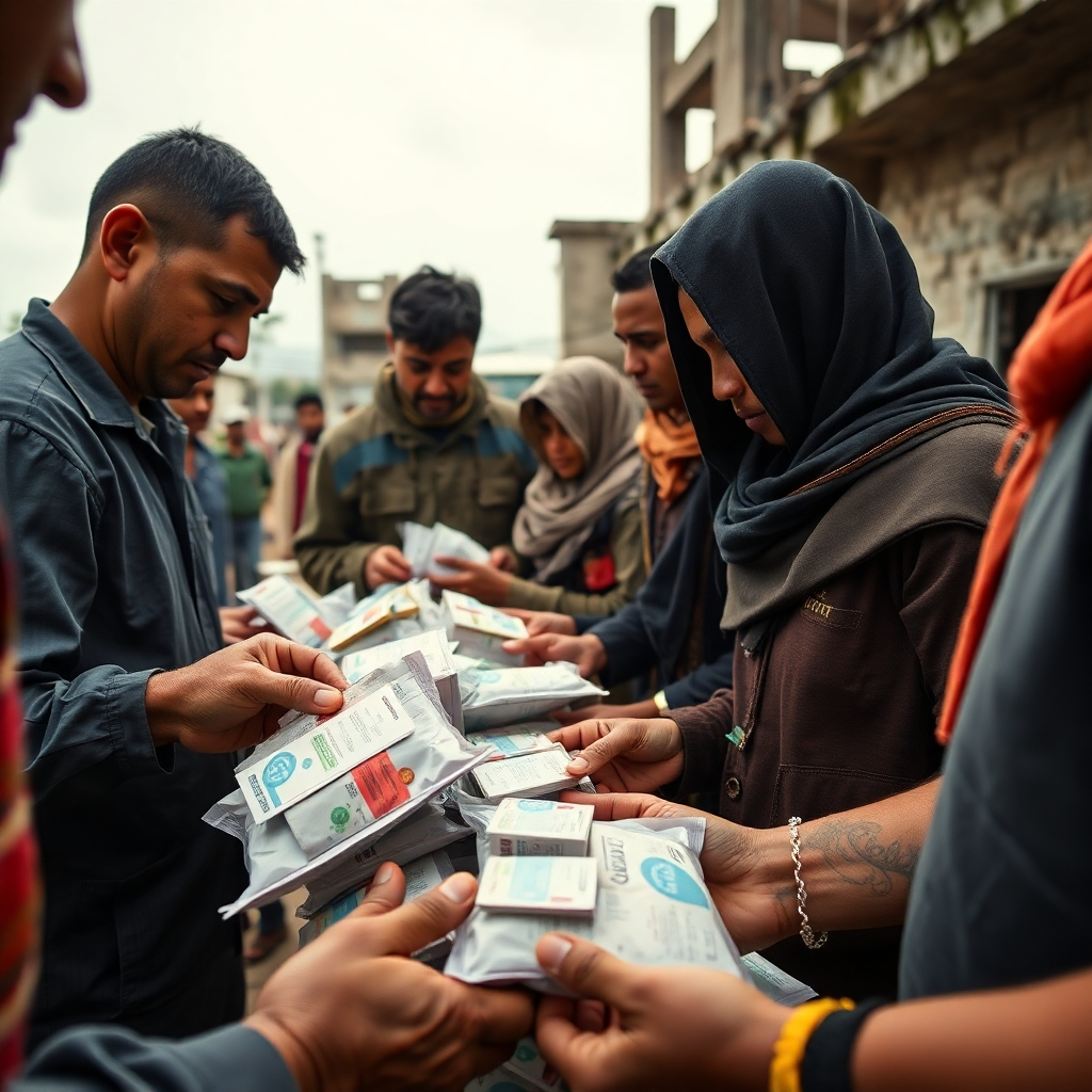 A photorealistic image, rendered in 8K resolution, focusing on a medical aid distribution event in a disaster-stricken area.  The scene shows volunteers carefully distributing medical supplies – bandages, medicine, and other essentials – to grateful recipients. The lighting should be slightly subdued, a soft diffused lighting typical of an overcast day, reflecting the gravity of the situation but still maintaining a sense of hope. The color palette should be muted but not bleak, including neutral tones with hints of vibrant colors from the medical supplies and people's clothing.  The camera perspective is at eye level, placing the viewer directly into the event, emphasizing the humanity of the situation.  The image should capture the texture of the worn medical supplies and the expressions of relief and gratitude on the faces of the recipients. The background should depict a partially damaged infrastructure, subtly hinting at the disaster's severity. The style should emulate renowned humanitarian photographers like Sebastian Salgado, focusing on powerful storytelling through imagery.  Render the image with hyperrealistic detail, showcasing the textures and conditions of the medical supplies and the environment. The overall mood conveys both the urgency of the situation and the positive impact of the charity's efforts, highlighting the human connection and compassion during times of crisis.
