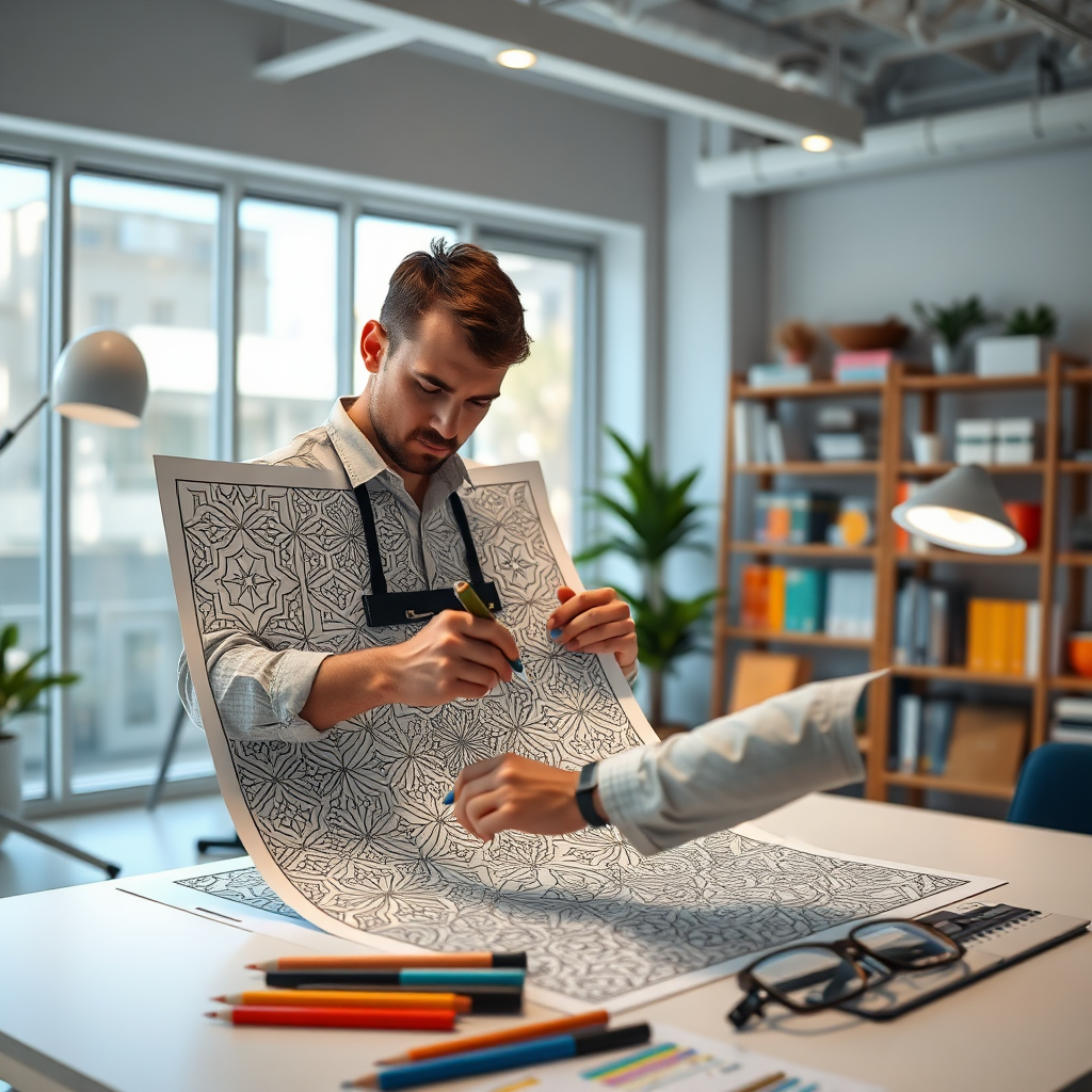 A professional designer working on a detailed digital coloring page featuring Islamic geometric patterns. The scene is a bright and modern design studio.