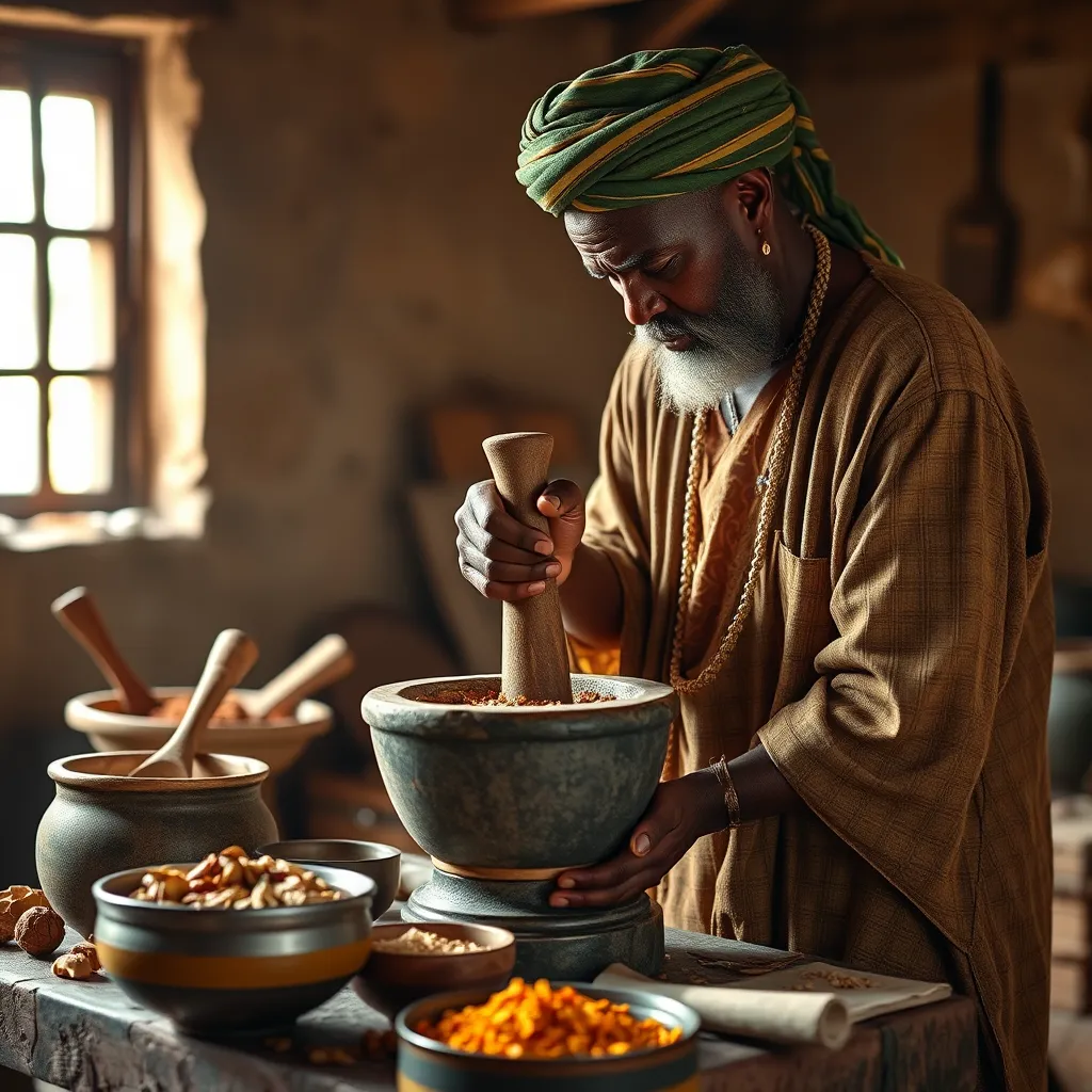 A skilled artisan, dressed in traditional African clothing, carefully blending and mixing various ingredients in a large mortar and pestle. The scene should be set in a well-lit, rustic workshop with natural light streaming in through the window. The tools and ingredients should be displayed prominently, showcasing the artisan's meticulous process.