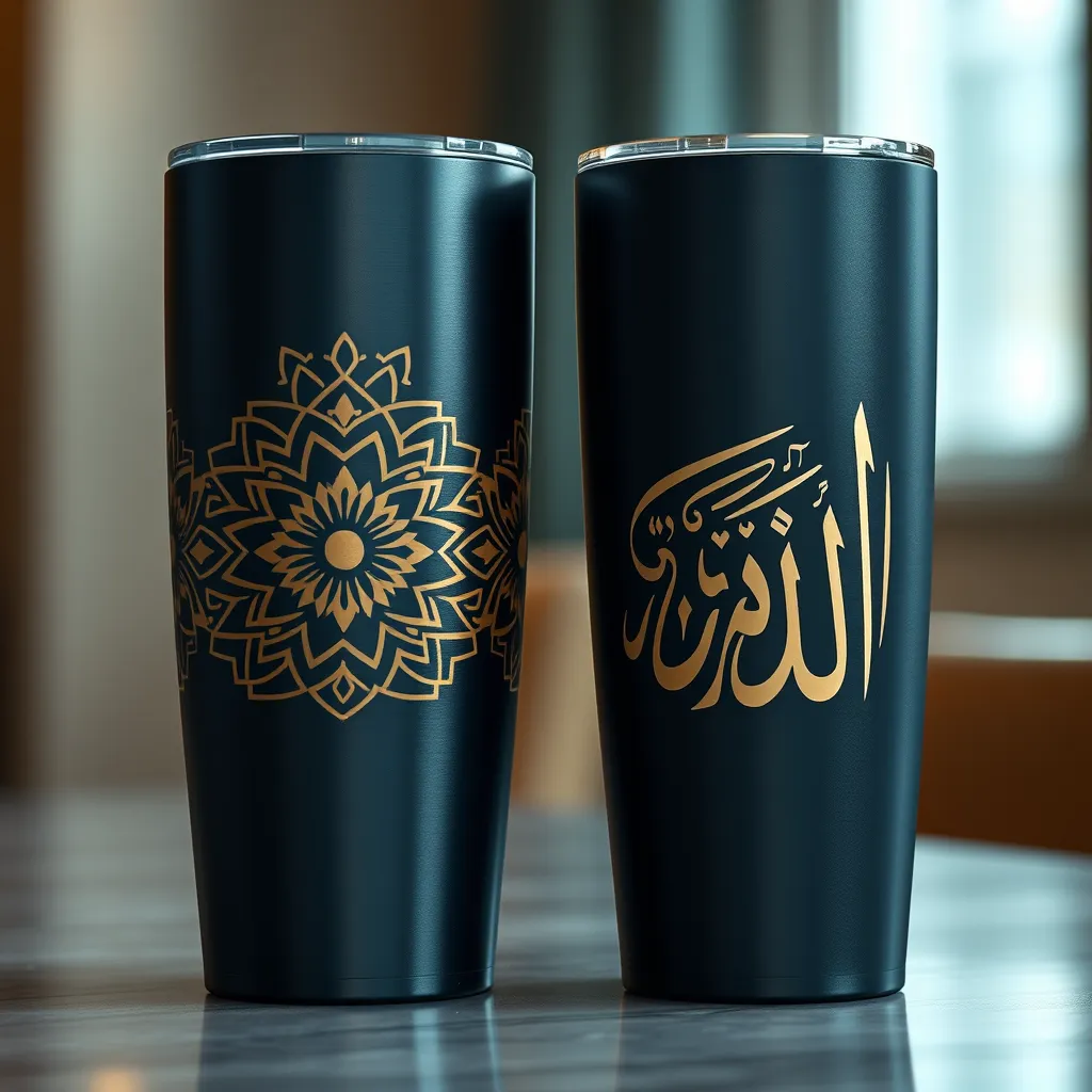 A stainless steel tumbler with a matte black finish. On one side, there is a complex geometric pattern in gold and white that resembles an Islamic tile design. On the other side, a beautiful, intricately-designed Arabic word for 'Allah' is written in black calligraphy. The tumbler is on a table with a soft, warm light shining on it.