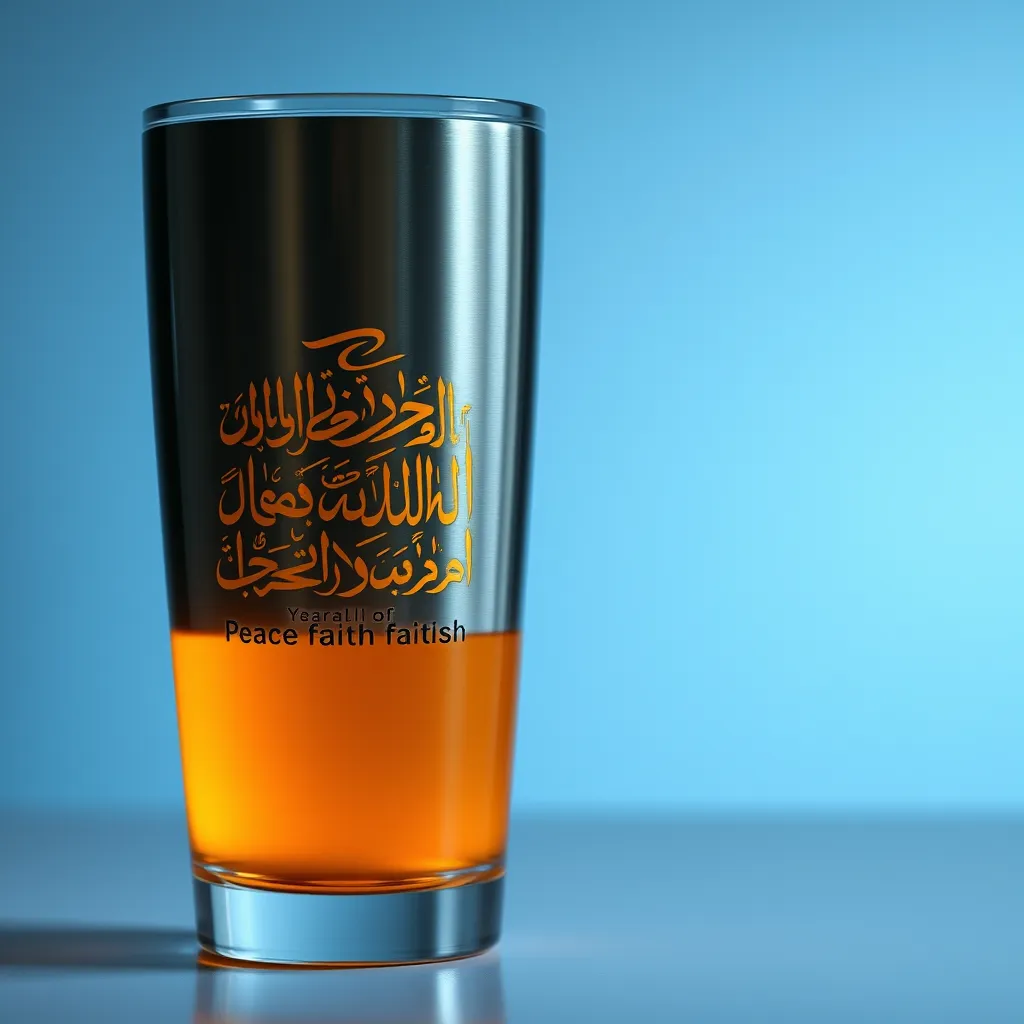 A stainless steel tumbler with a sleek, modern design. On one side, intricate Arabic calligraphy in gold accents, forming a beautiful verse about faith. The background is a soft, gradient blue, symbolizing peace and serenity. The tumbler is partially filled with a warm, golden beverage, creating a warm and inviting feel.