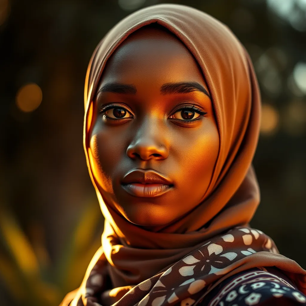 A stunning portrait of a young African woman in a stylish, modern hijab, illuminated by warm, golden light. The woman should be gazing confidently at the camera, her eyes filled with strength and beauty.  The image should be captured in a natural setting, such as a lush garden, with soft bokeh in the background. The lighting should be dramatic and flattering, highlighting the textures and patterns of the hijab and the woman's clothing. The camera angle should be low, emphasizing the woman's height and presence.  The image should evoke a sense of elegance, sophistication, and empowerment. Style reference: David LaChapelle. Technical specifications: 8K resolution, ultra-detailed, hyperrealistic.