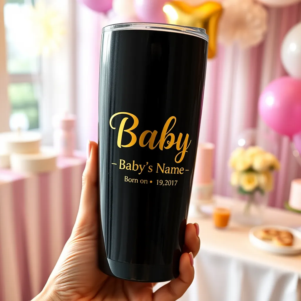 A stylish black tumbler with a gold inscription that reads 'Baby [Baby's Name] - Born on [Baby's Birth Date]'. The tumbler is held by a woman's hand, and the background features a blurry image of a baby shower with balloons and decorations.