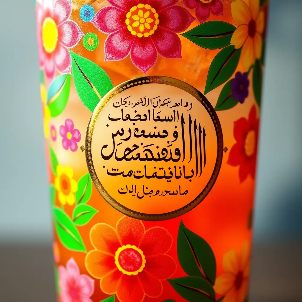 A vibrant, colorful tumbler with a pattern of blooming flowers and intricate leaves. In the center, a circular inscription in beautiful Arabic calligraphy, featuring a Quranic verse about gratitude. The inscription is highlighted with a gold border, adding a touch of elegance. The tumbler is filled with a refreshing, fruit-infused beverage, symbolizing the joy of life's blessings.