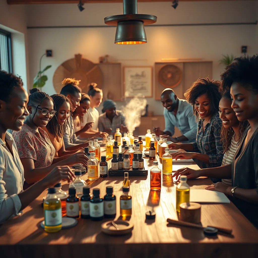 A vibrant, energetic image of a group of people participating in an interactive fragrance workshop. The group is gathered around a large, wooden table, adorned with various bottles of essential oils, vials, and tools for blending.  The scene is bathed in warm, inviting light, casting playful shadows on the participants. The expressions on their faces are enthusiastic and engaged as they explore different scents and create their own unique blends. The background features a modern, minimalist setting with elements of traditional African art and crafts.  The composition is dynamic and engaging, showcasing the collaborative nature of the workshop. Render the image in high-resolution with photorealistic details, capturing the vibrant colors of the oils, the intricate textures of the tools, and the infectious energy of the workshop participants.  The image should exude a sense of creativity, discovery, and community.