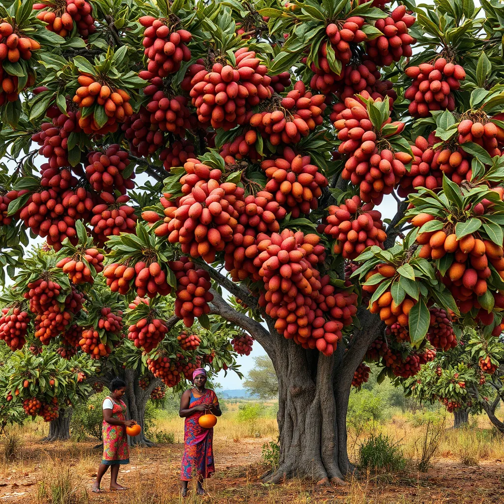 A vibrant photo of a shea tree laden with ripe fruits, with women in colorful clothing gathering the fruits in the foreground. The image should capture the beauty of the African landscape.