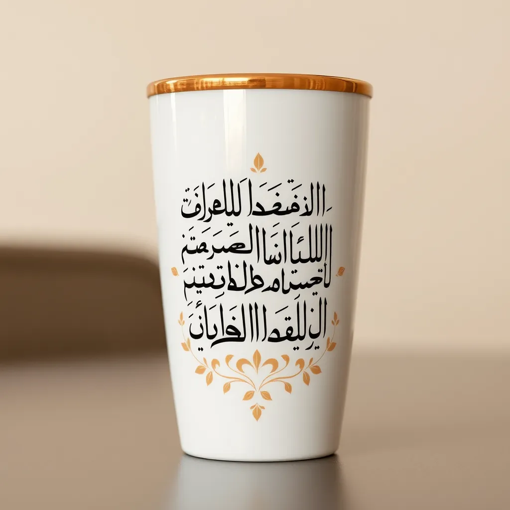A white ceramic tumbler with a gold rim, featuring a beautifully calligraphed Arabic quote in black ink against a white background. The quote is surrounded by delicate floral patterns in a light gold color. The tumbler is placed on a table with a soft, warm light illuminating it.