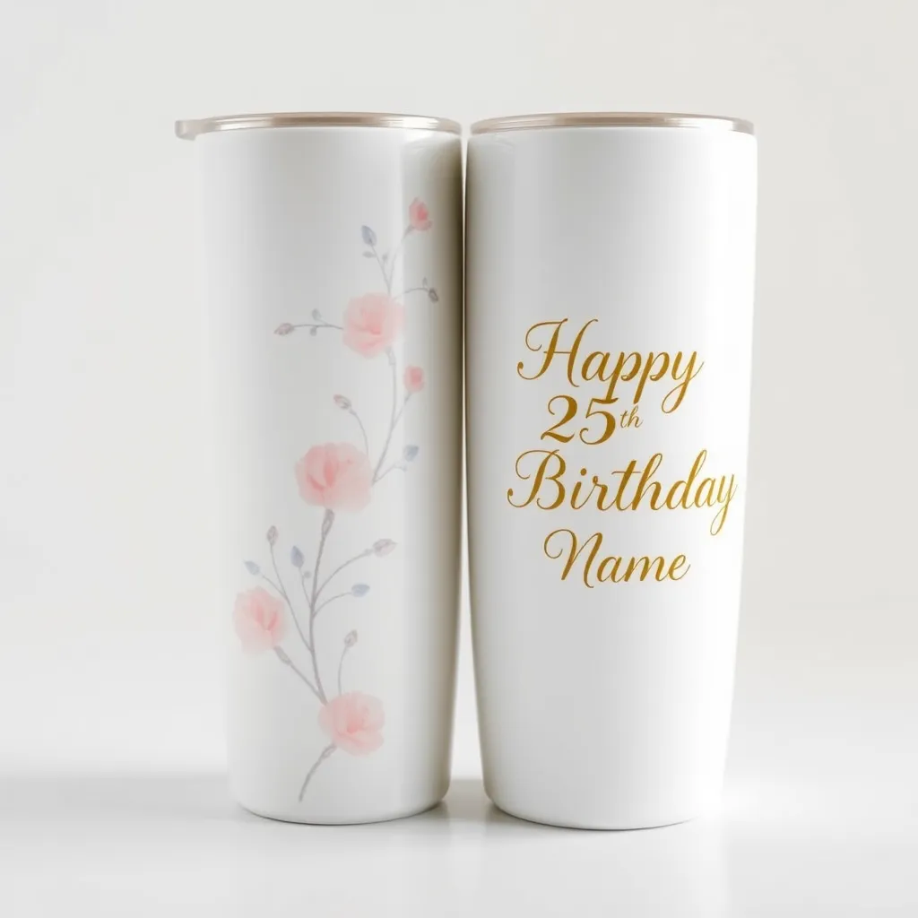 A white ceramic tumbler with a smooth, matte finish. On one side, a delicate floral pattern in soft pink and blue hues. On the other side, a personalized inscription in elegant calligraphy, 'Happy 25th Birthday [Name]'. The inscription is in gold lettering against a white background, creating a subtle yet elegant touch.